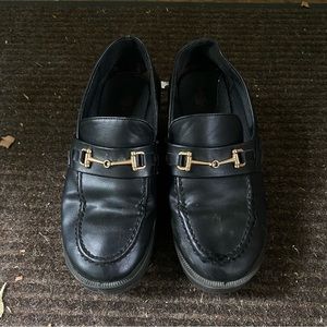 Cute Black Heeled Mules with Gold Toe Belt